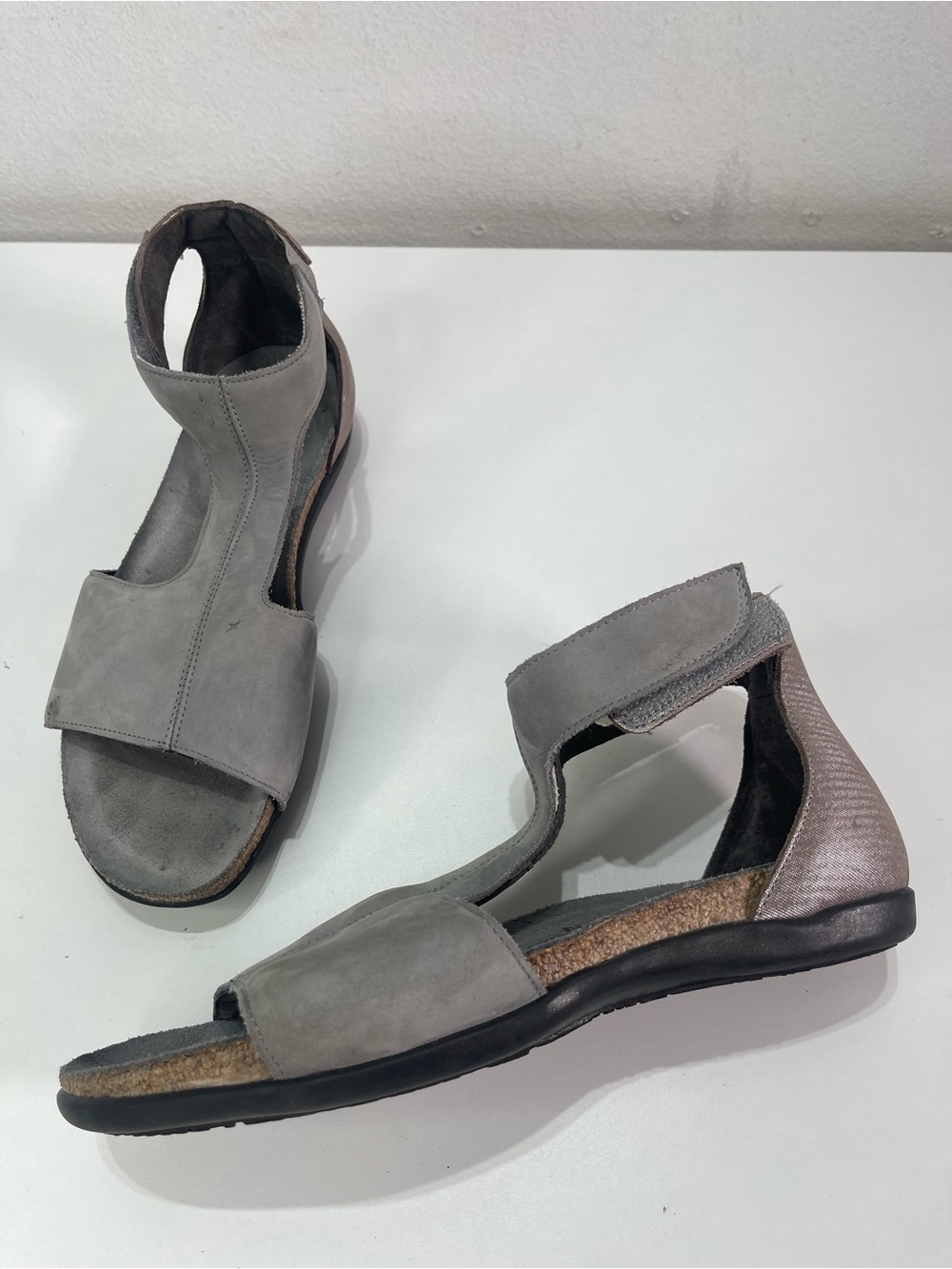 Naot Sandals Women's 37 (6 )Nala Grey Leather T Strap Ankle Comfort Shoes Boho